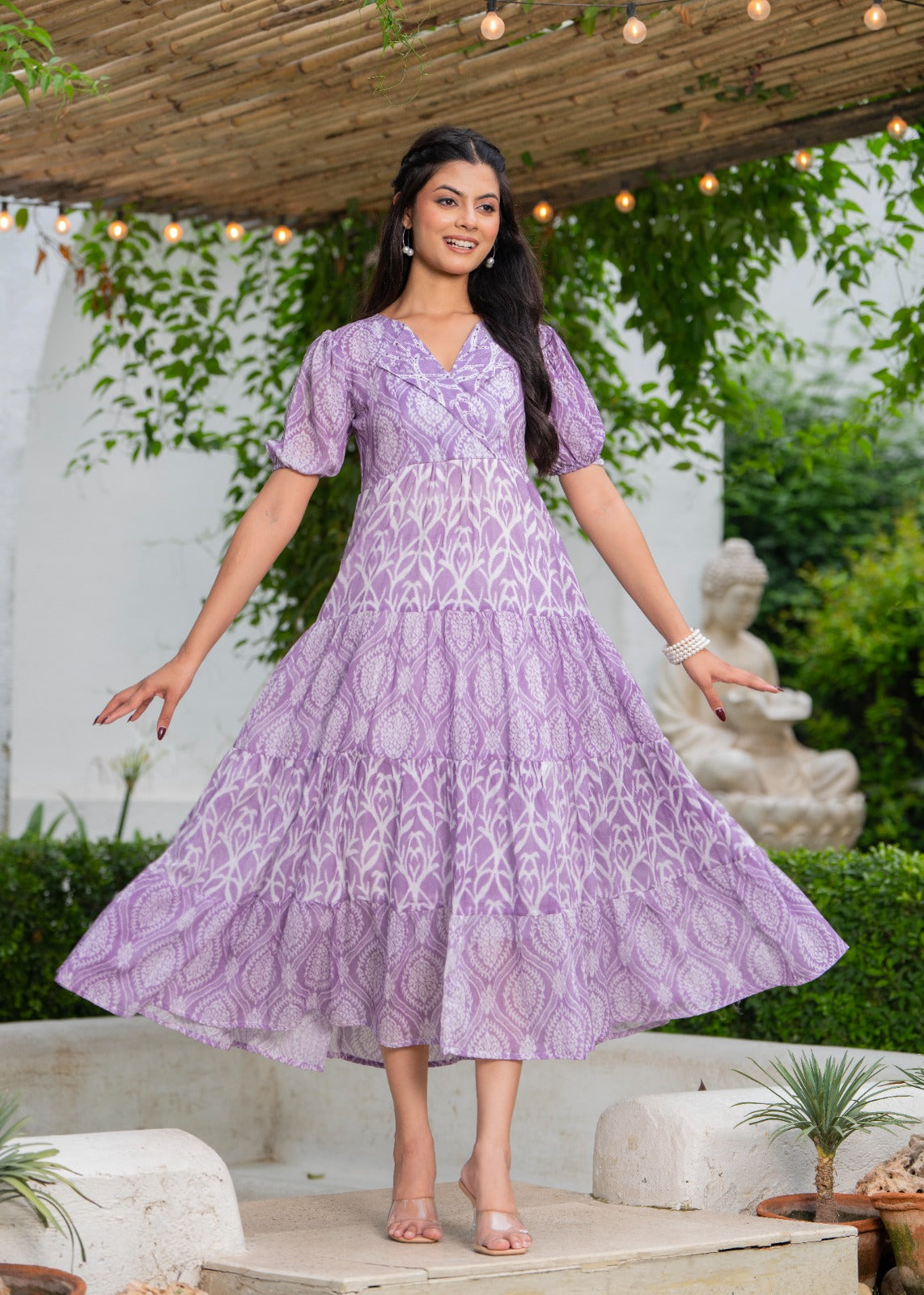 Women printed cotton tiered midi dress with puff sleeves