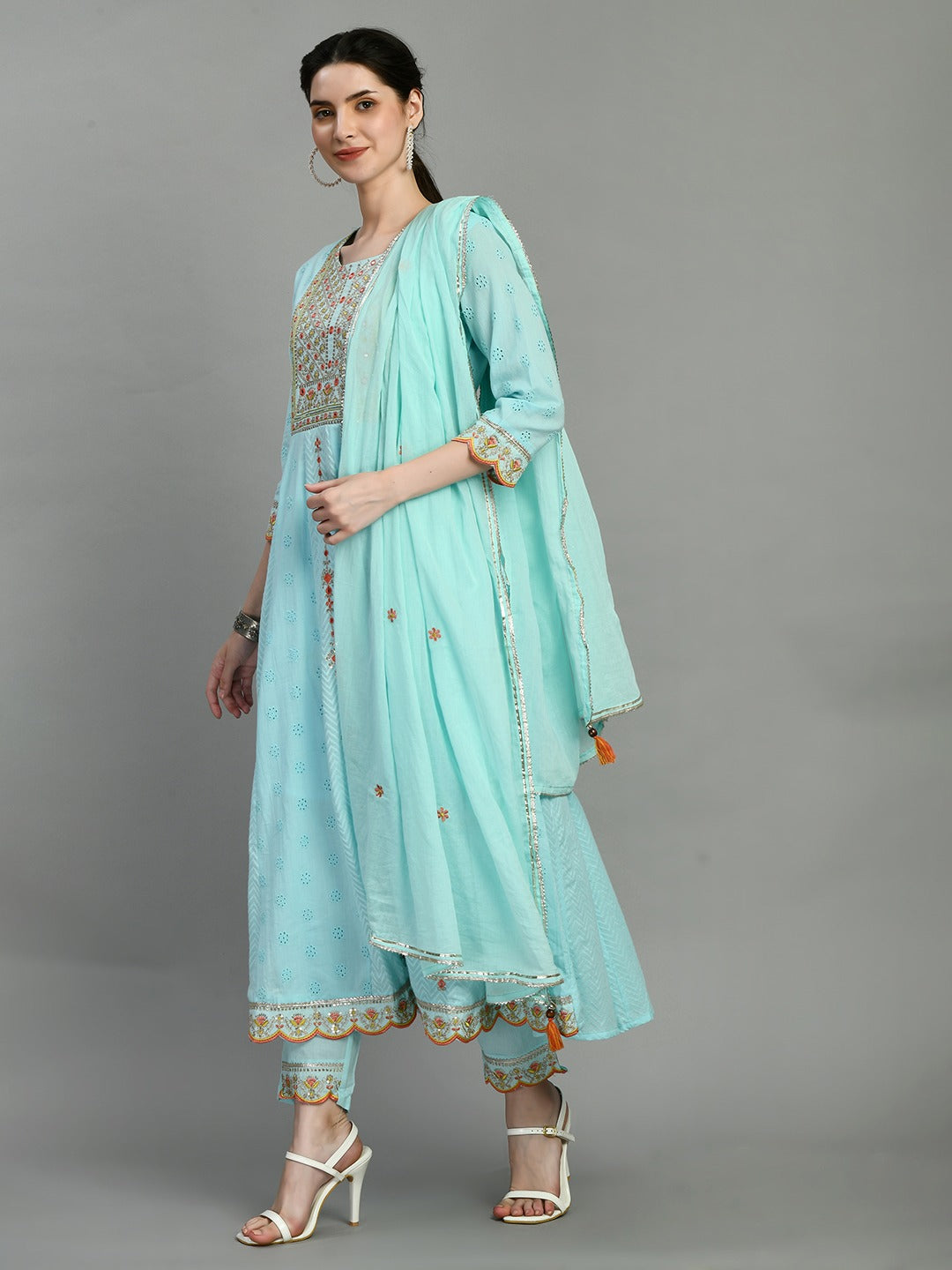 Women chikankari embroidered kurti with pant and dupatta set with mirror work