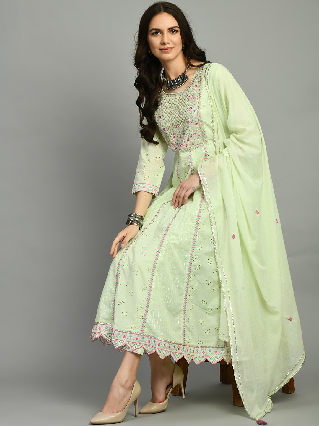 Women chikankari embroidered kurti with pant and dupatta set with gota patti works