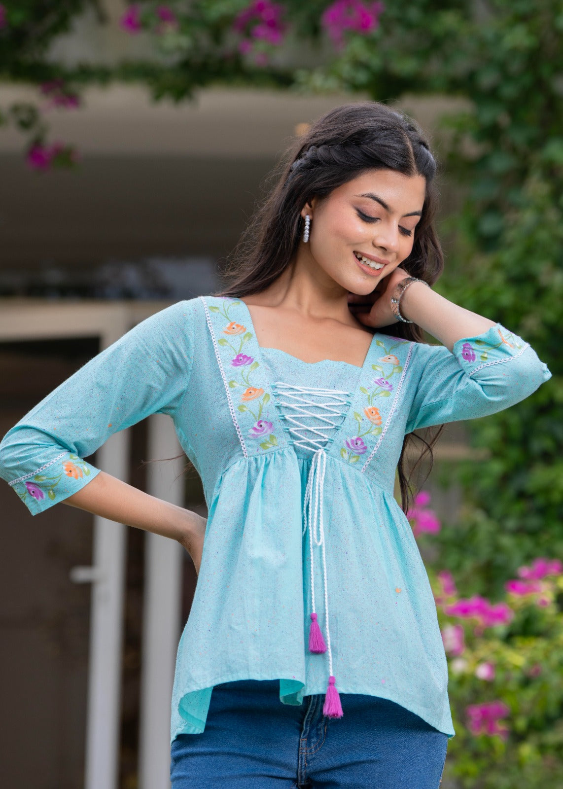 Women floral embroidered cotton top with lace up neck