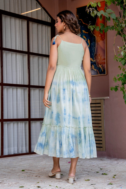 Women Tie-Dye printed cotton midi dress with embroidered yoke Hand painted