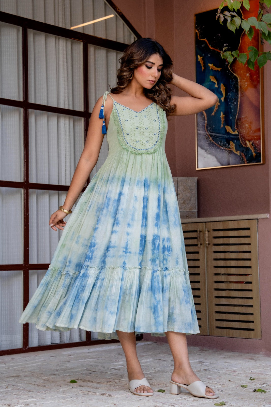 Women Tie-Dye printed cotton midi dress with embroidered yoke Hand painted