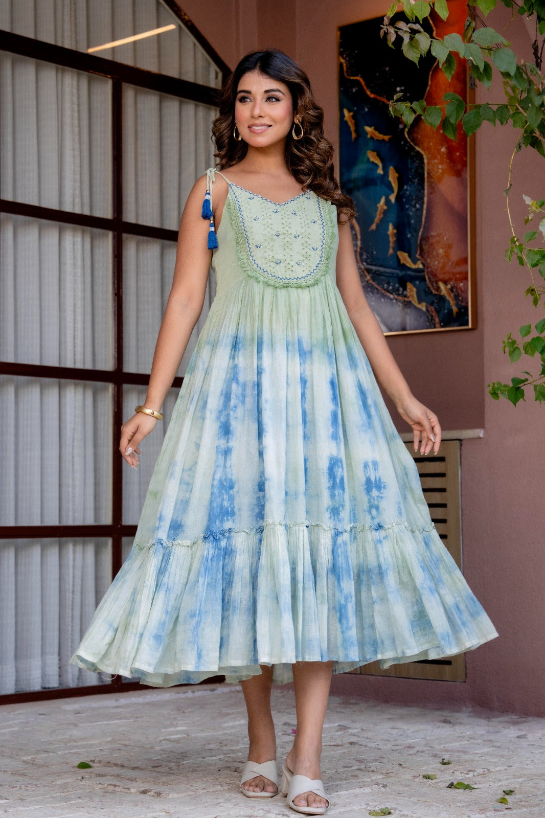 Women Tie-Dye printed cotton midi dress with embroidered yoke Hand painted