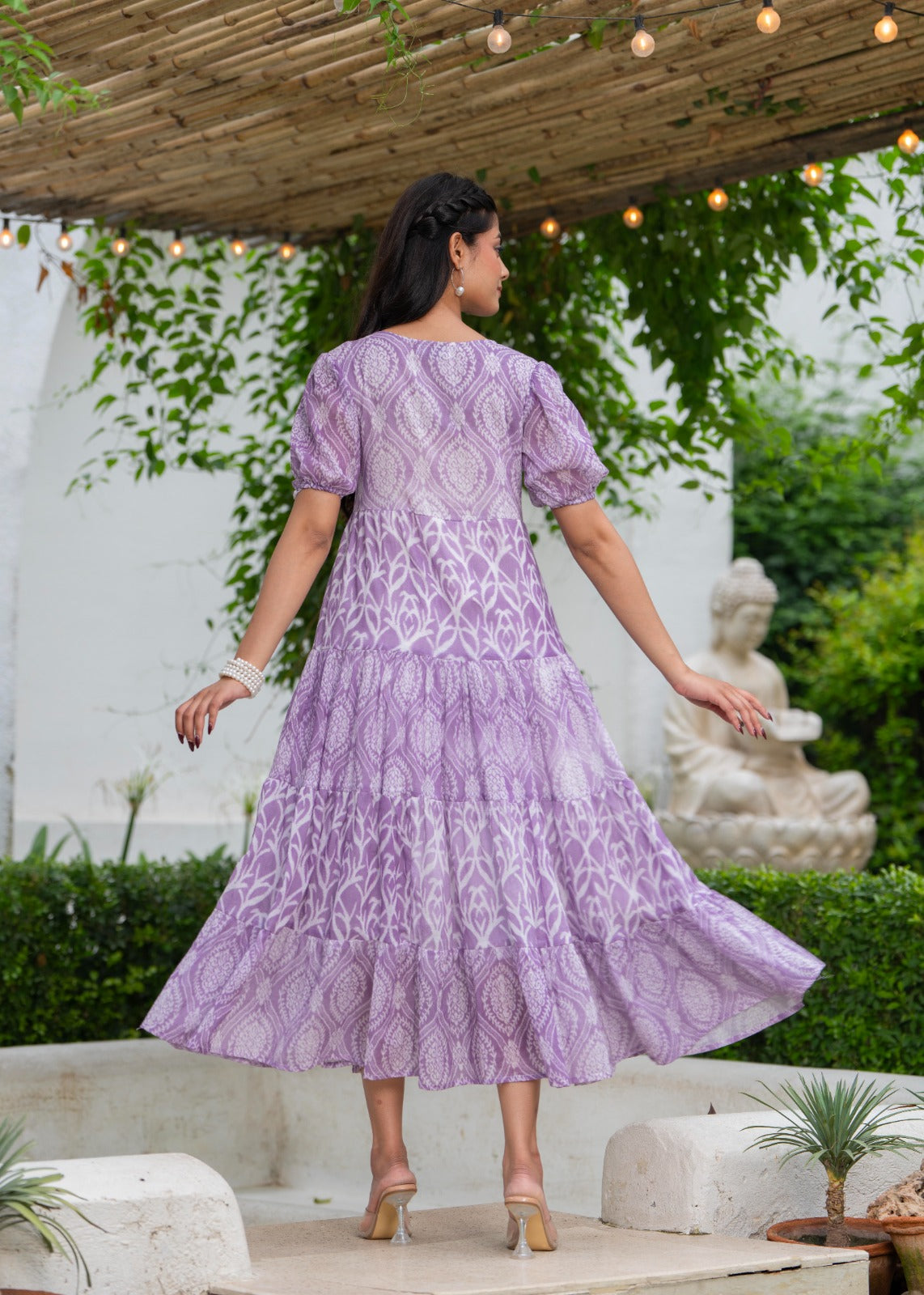 Women printed cotton tiered midi dress with puff sleeves