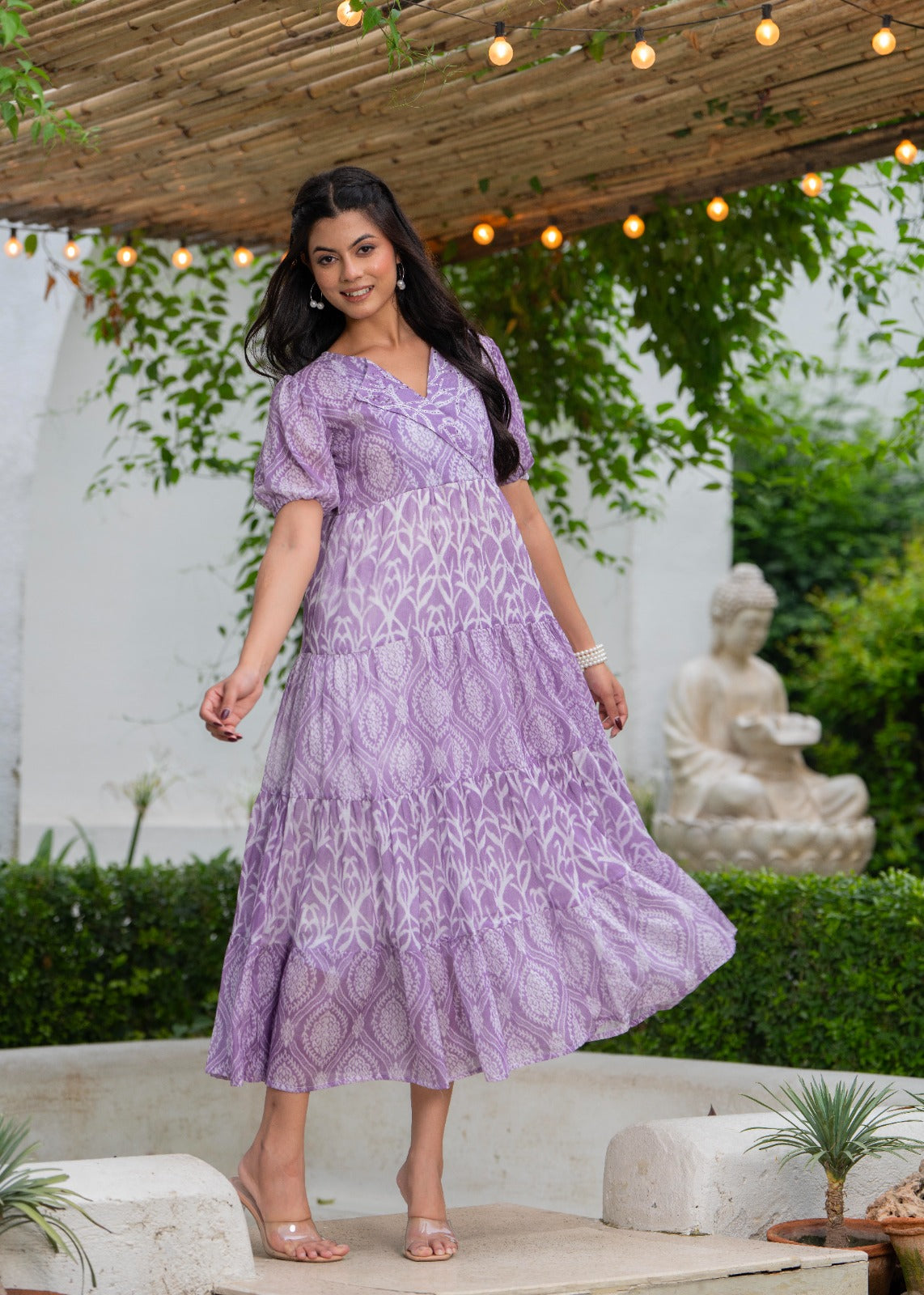 Women printed cotton tiered midi dress with puff sleeves