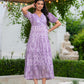 Women printed cotton tiered midi dress with puff sleeves