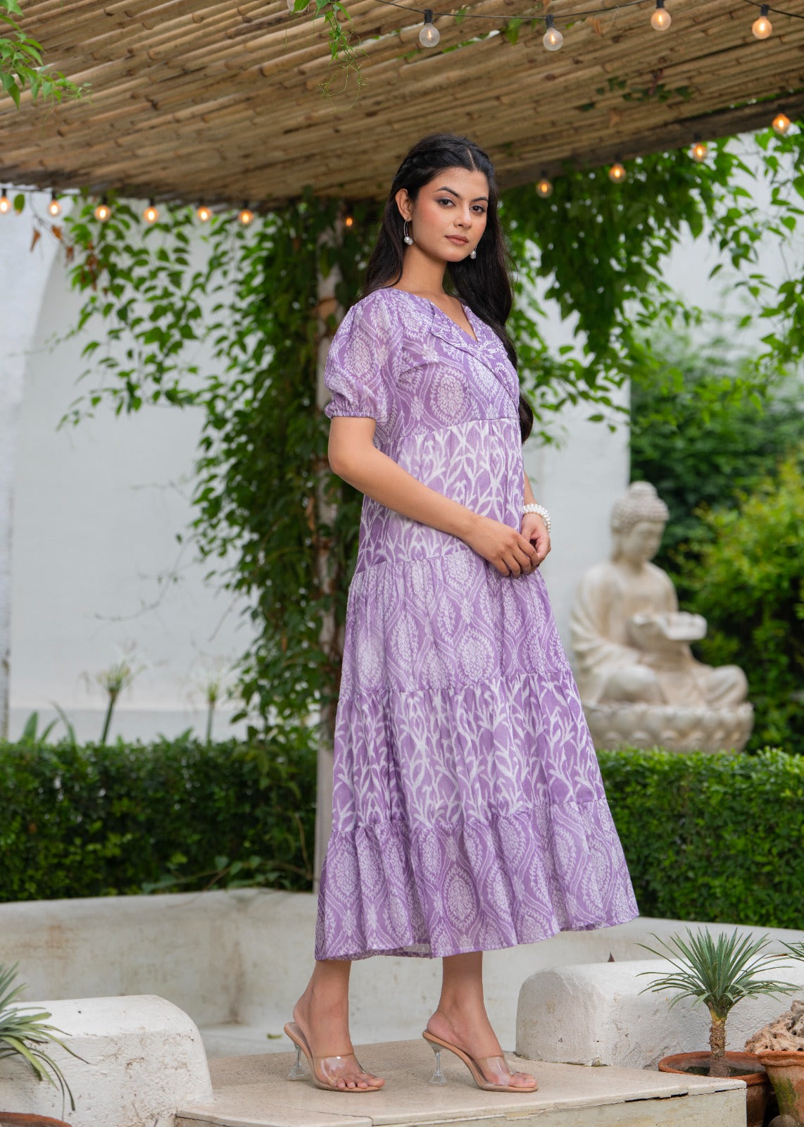 Women printed cotton tiered midi dress with puff sleeves