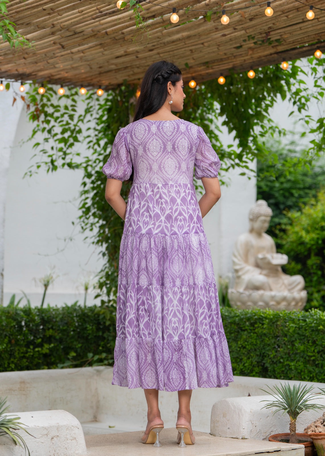 Women printed cotton tiered midi dress with puff sleeves