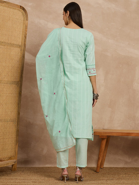 Women Cotton Kurti, straight pant with embroidered dupatta