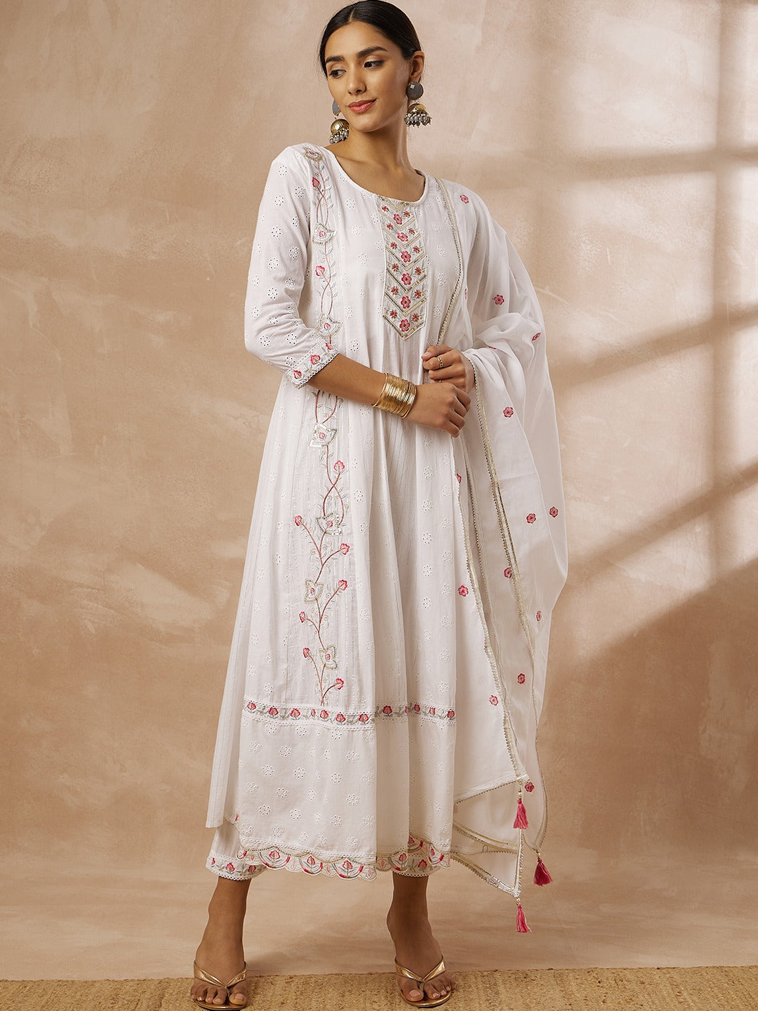Women embroidered soft cotton kurti with pant and dupatta set