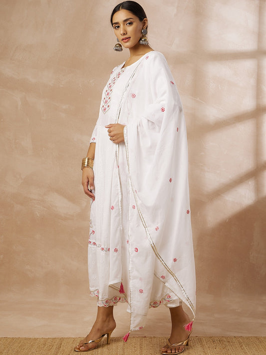 Women embroidered soft cotton kurti with pant and dupatta set