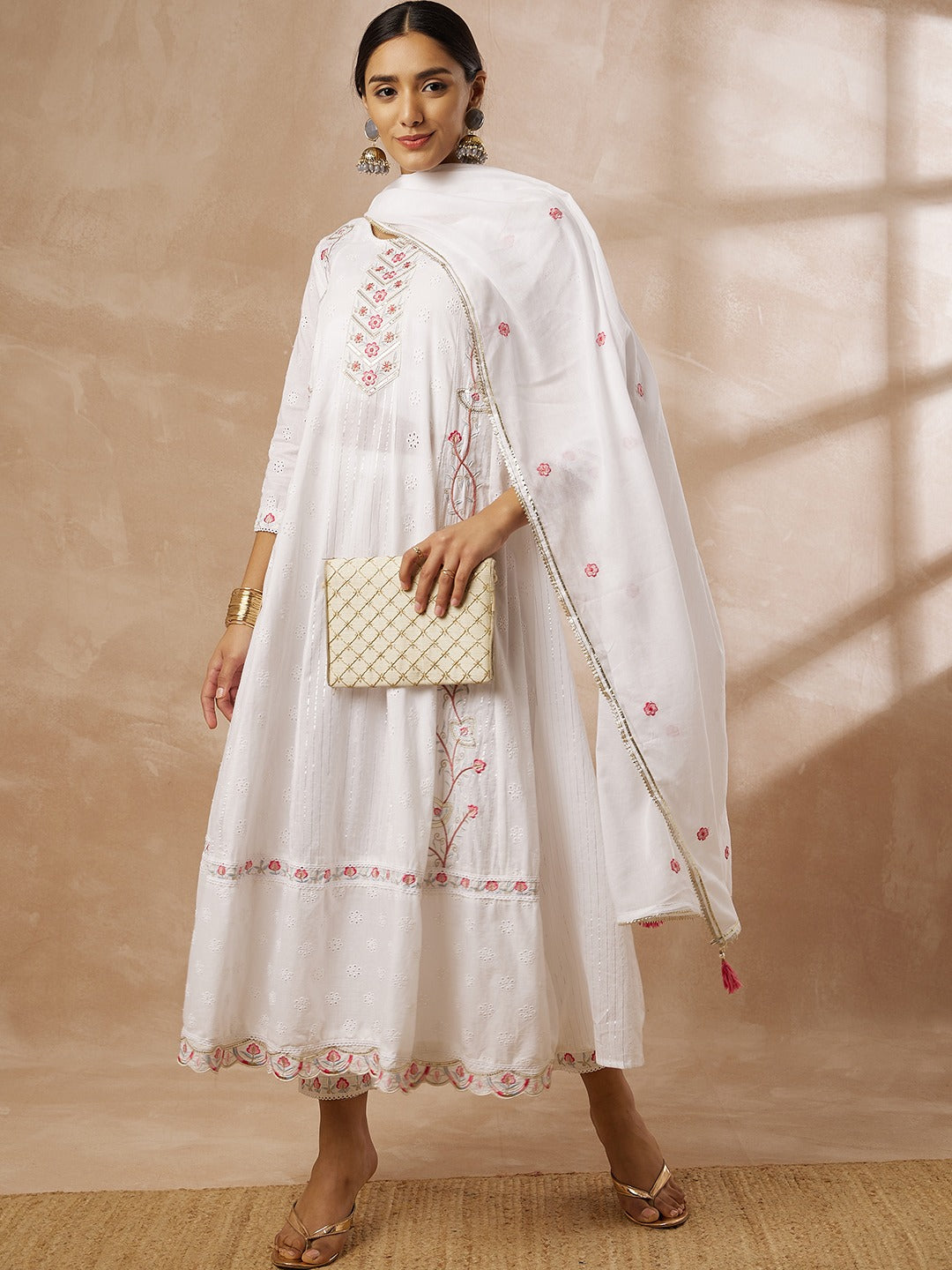 Women embroidered soft cotton kurti with pant and dupatta set