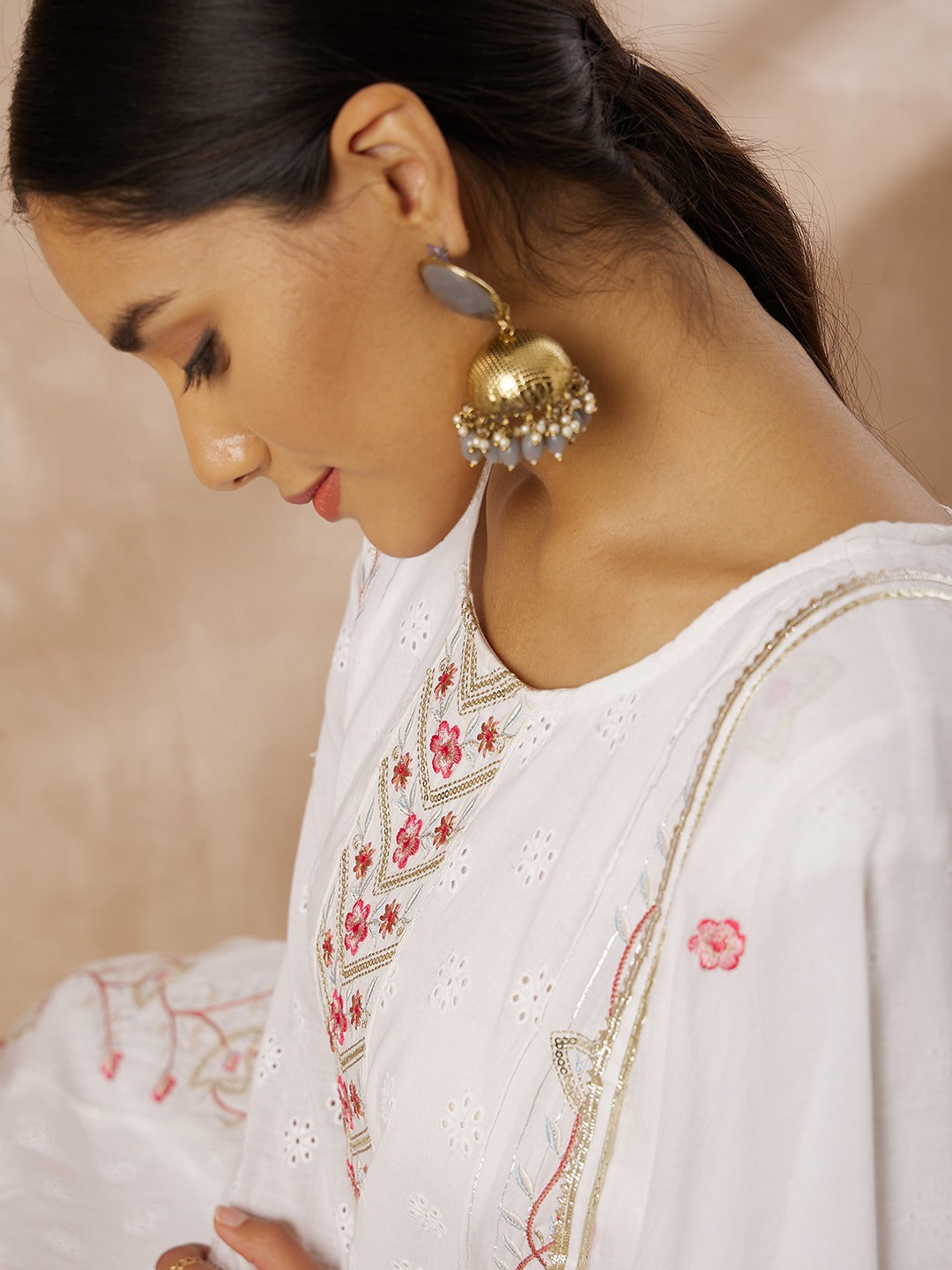 Women embroidered soft cotton kurti with pant and dupatta set