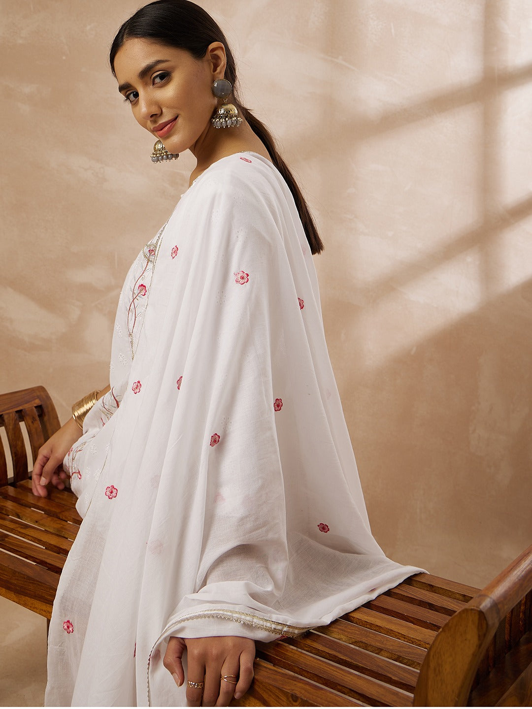 Women embroidered soft cotton kurti with pant and dupatta set