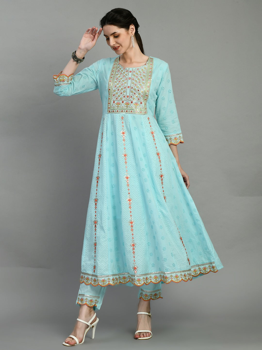 Women chikankari embroidered kurti with pant and dupatta set with mirror work