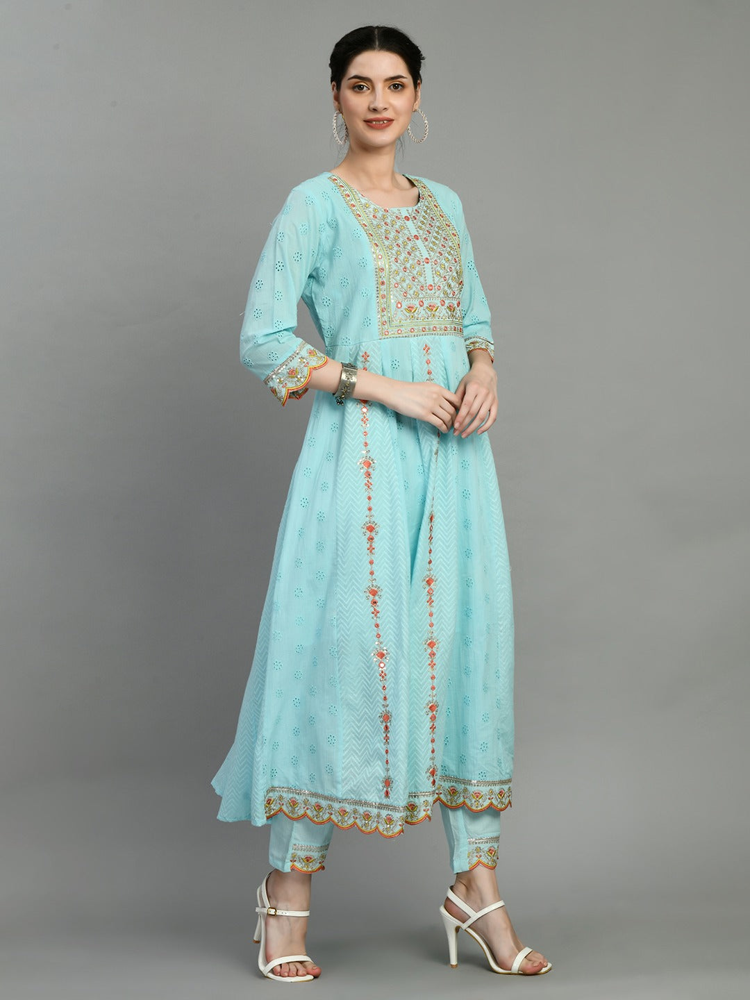 Women chikankari embroidered kurti with pant and dupatta set with mirror work