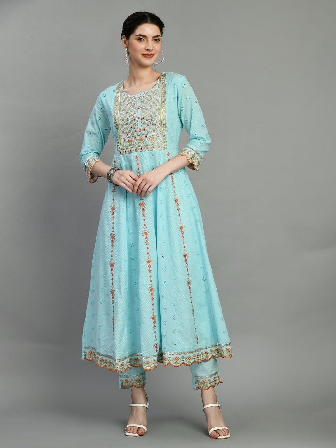 Women chikankari embroidered kurti with pant and dupatta set with mirror work