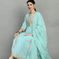 Women chikankari embroidered kurti with pant and dupatta set with mirror work