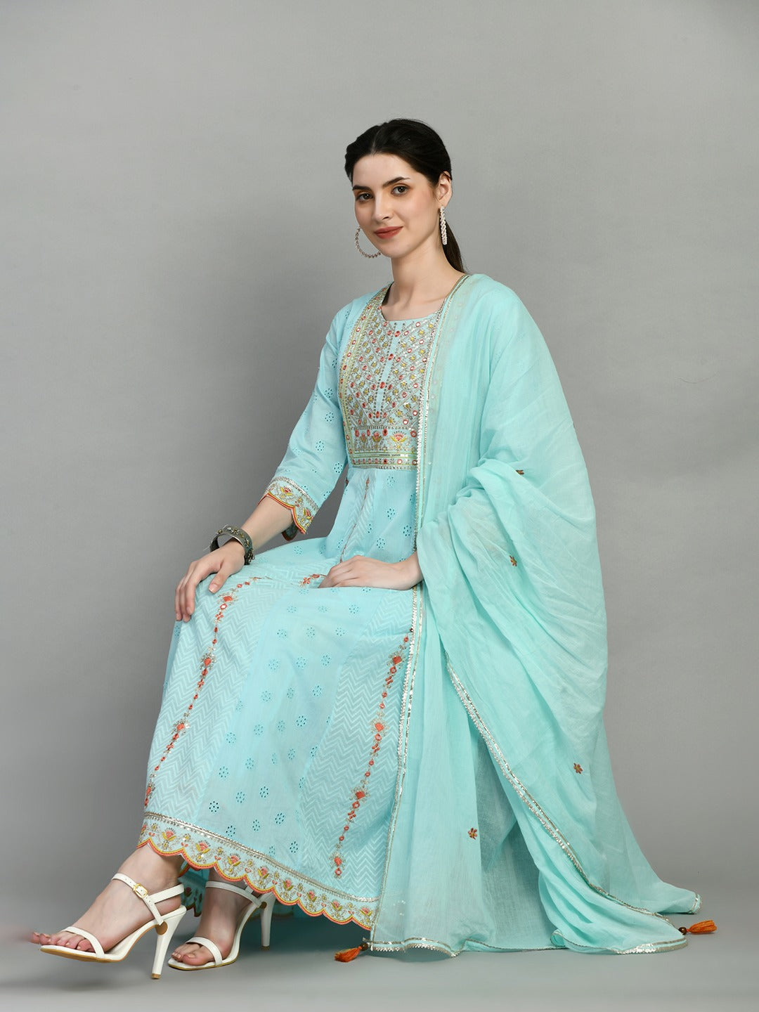 Women chikankari embroidered kurti with pant and dupatta set with mirror work