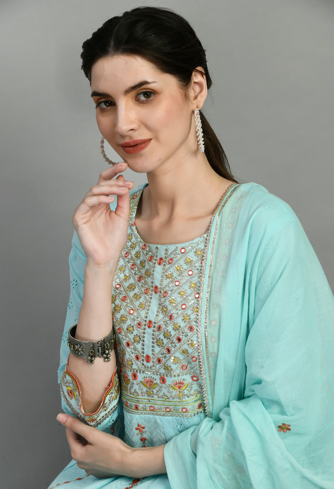Women chikankari embroidered kurti with pant and dupatta set with mirror work