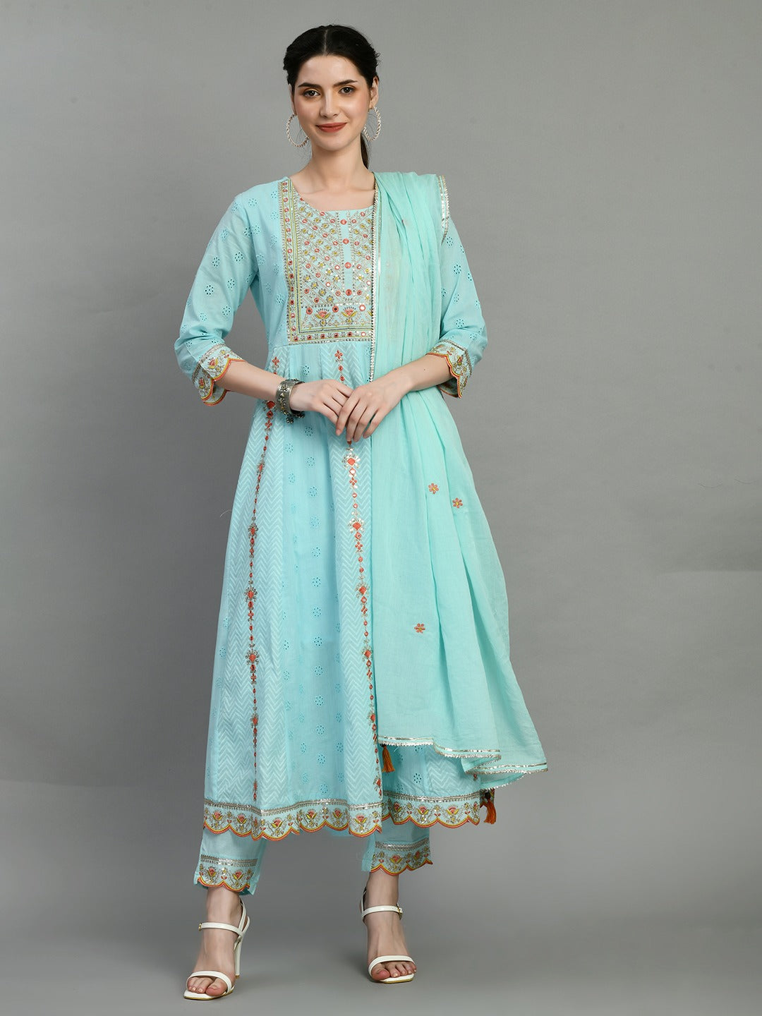 Women chikankari embroidered kurti with pant and dupatta set with mirror work