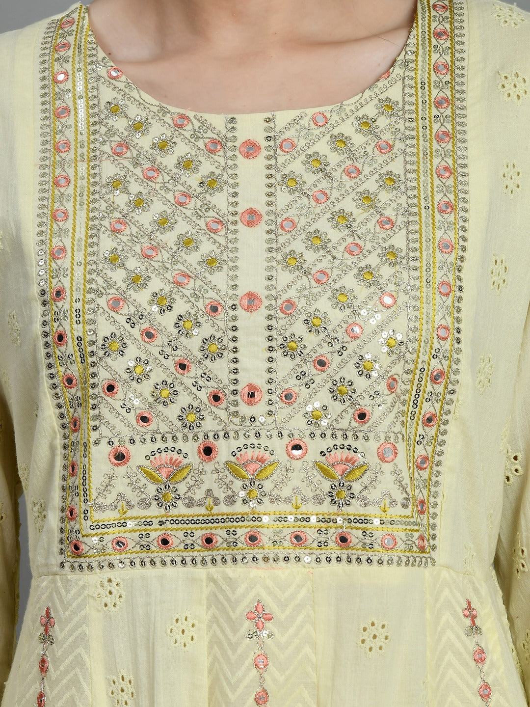 Women chikankari embroidered kurti with pant and dupatta set with mirror work