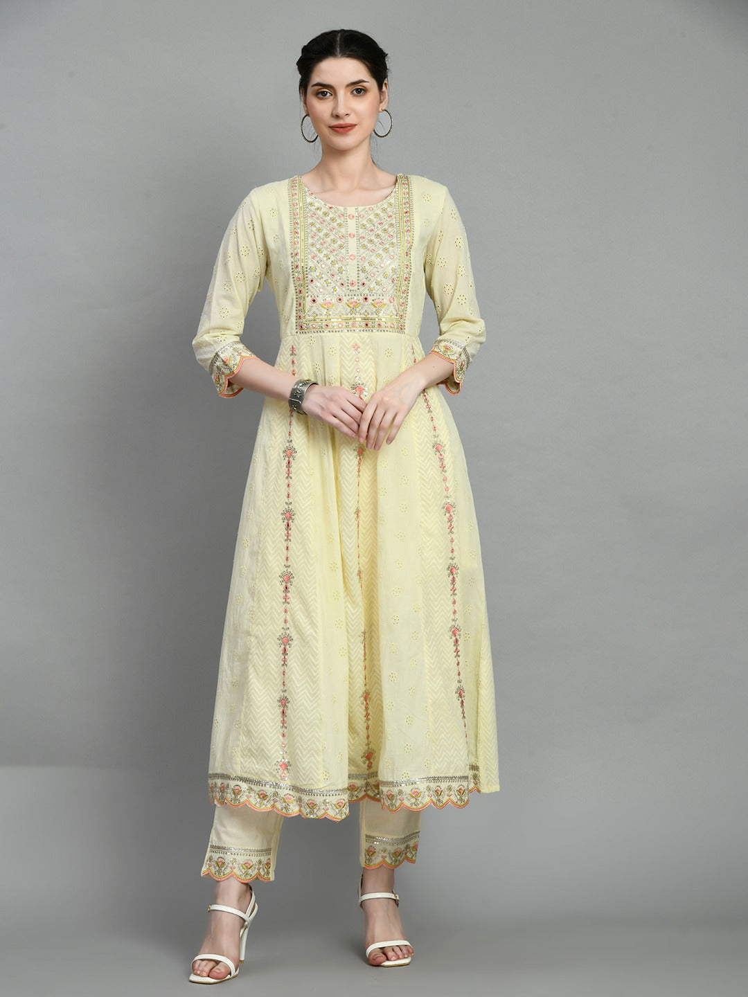 Women chikankari embroidered kurti with pant and dupatta set with mirror work