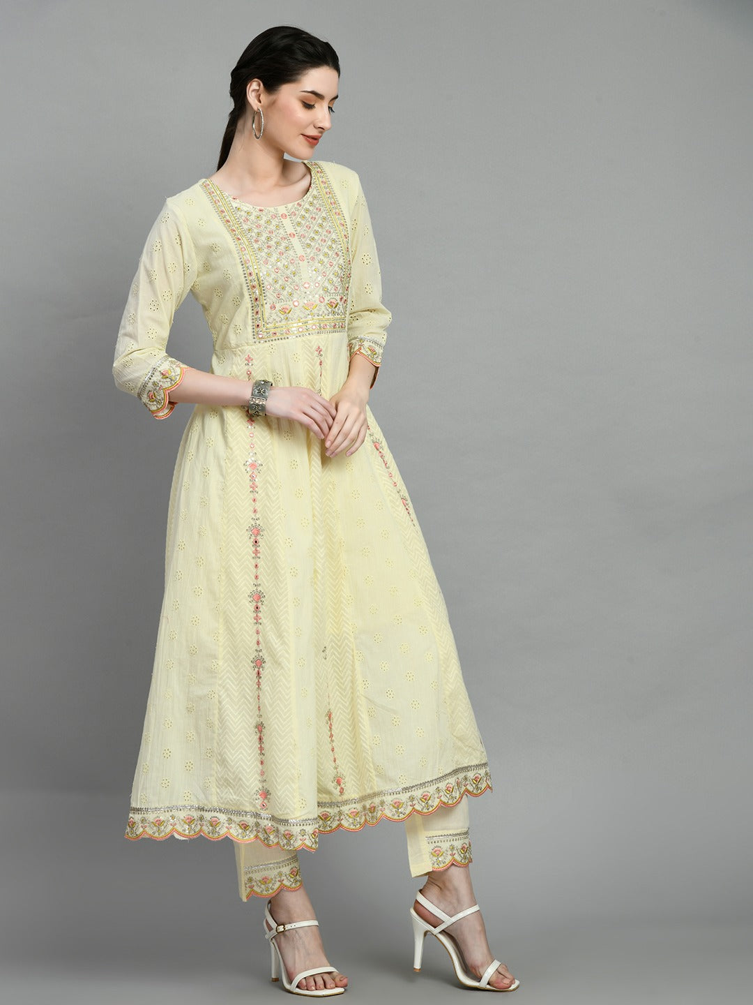 Women chikankari embroidered kurti with pant and dupatta set with mirror work