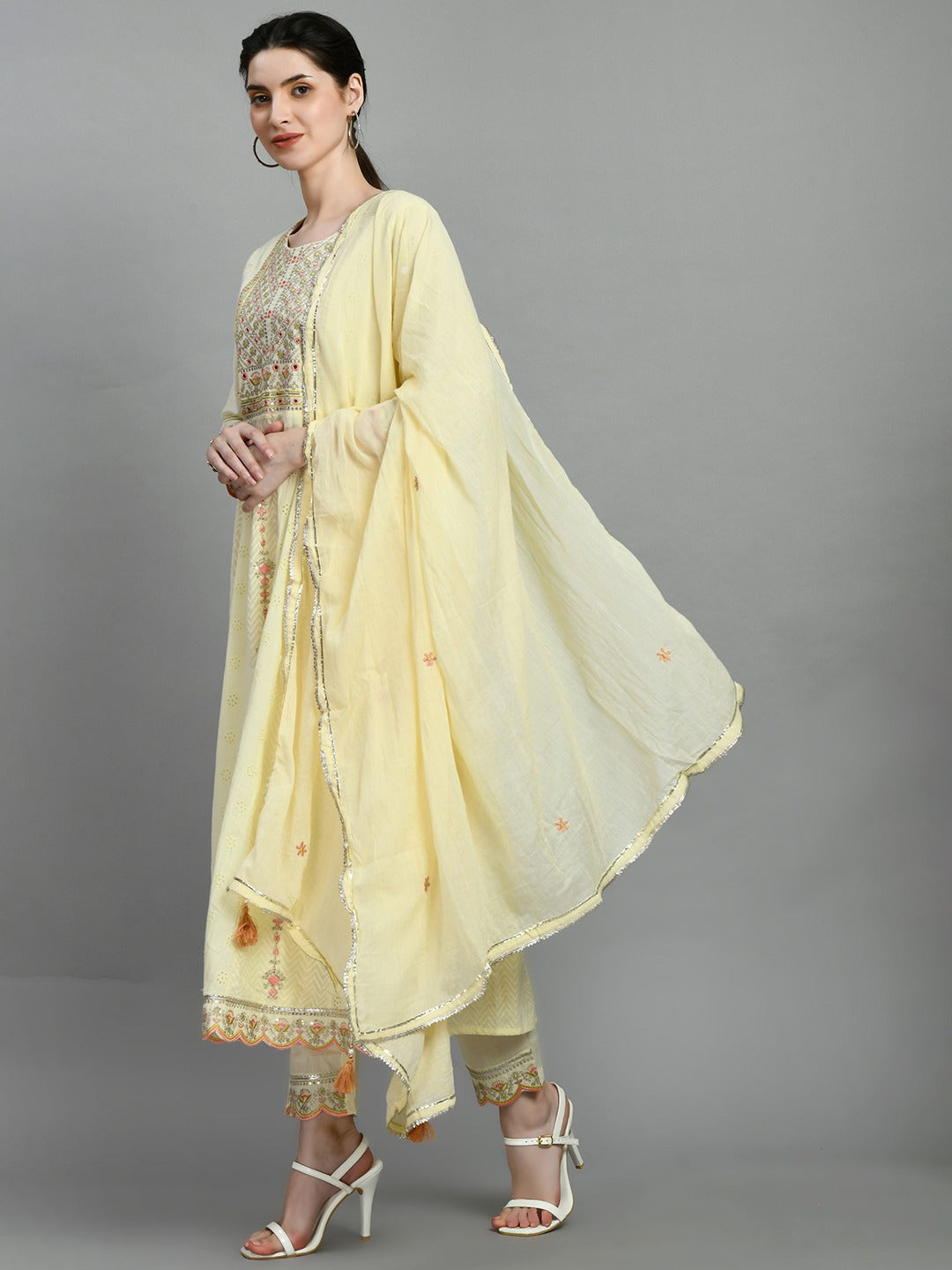 Women chikankari embroidered kurti with pant and dupatta set with mirror work