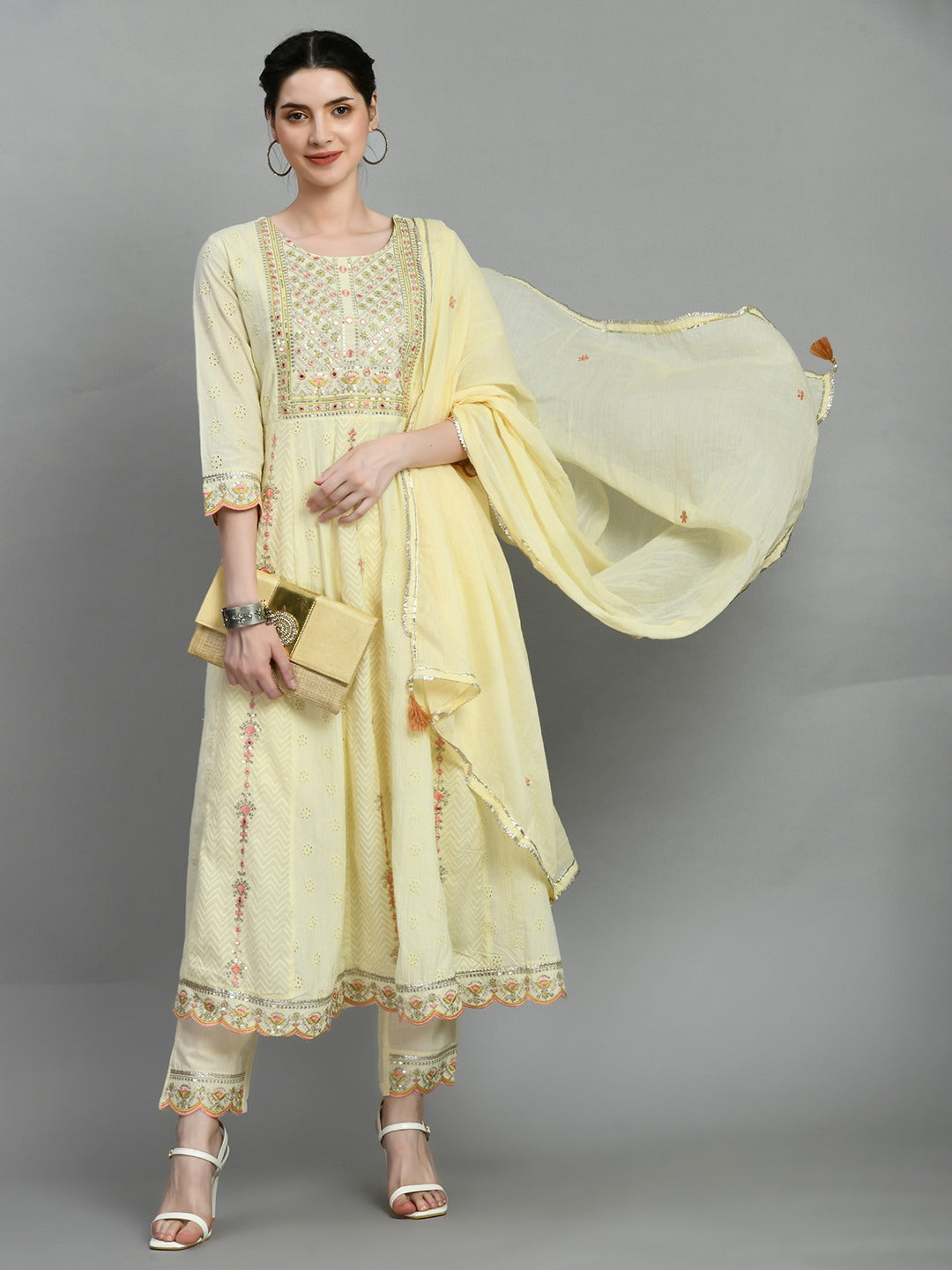 Women chikankari embroidered kurti with pant and dupatta set with mirror work