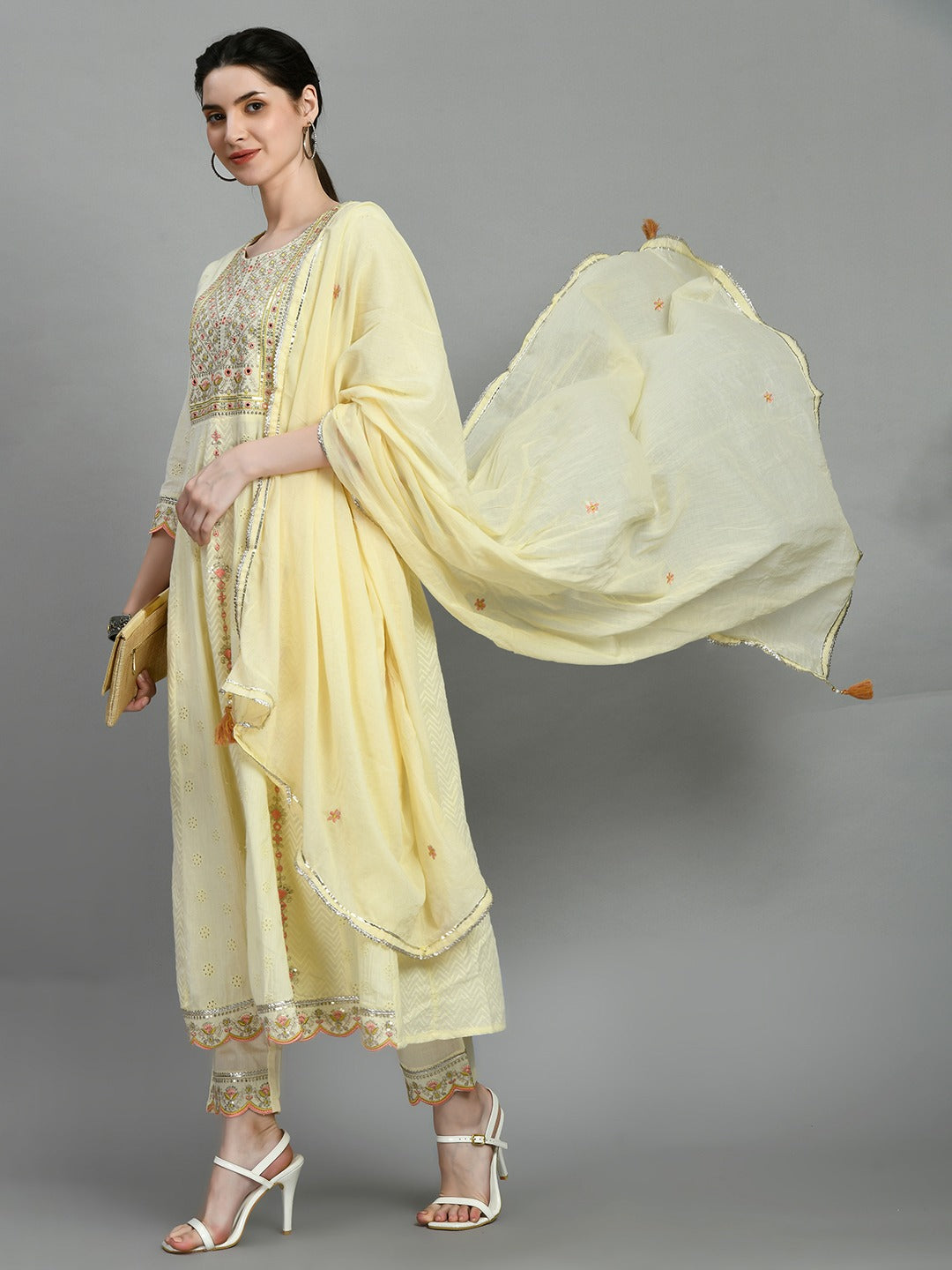 Women chikankari embroidered kurti with pant and dupatta set with mirror work