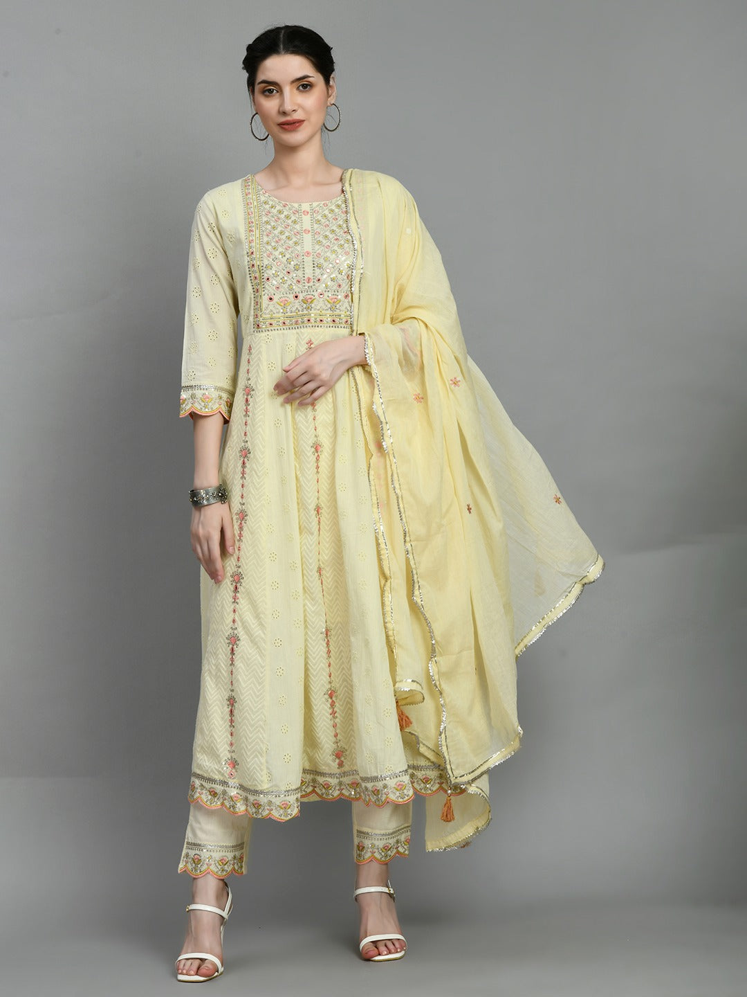 Women chikankari embroidered kurti with pant and dupatta set with mirror work