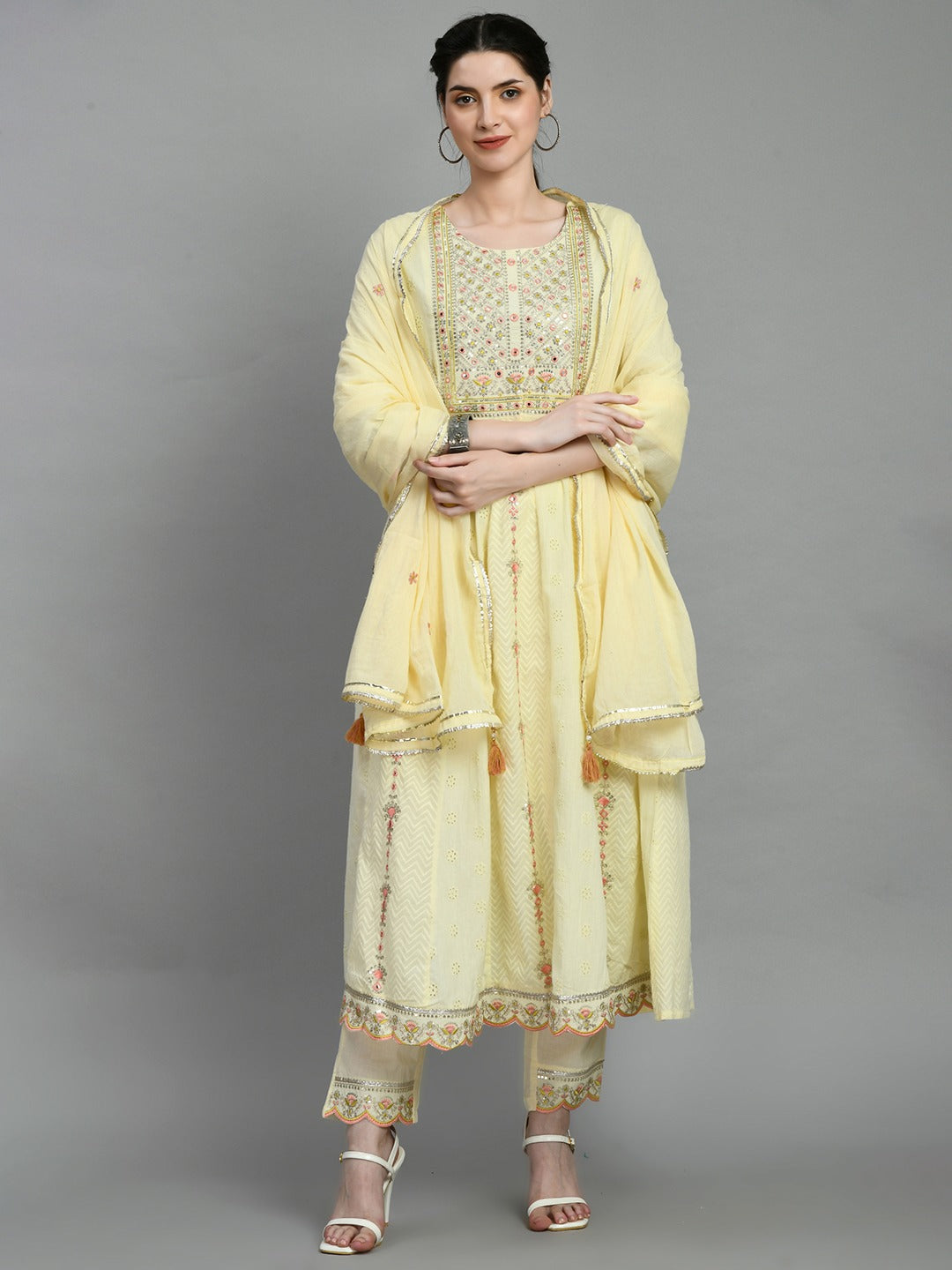 Women chikankari embroidered kurti with pant and dupatta set with mirror work