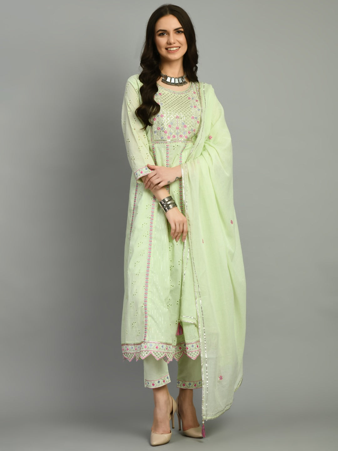 Women chikankari embroidered kurti with pant and dupatta set with gota patti works