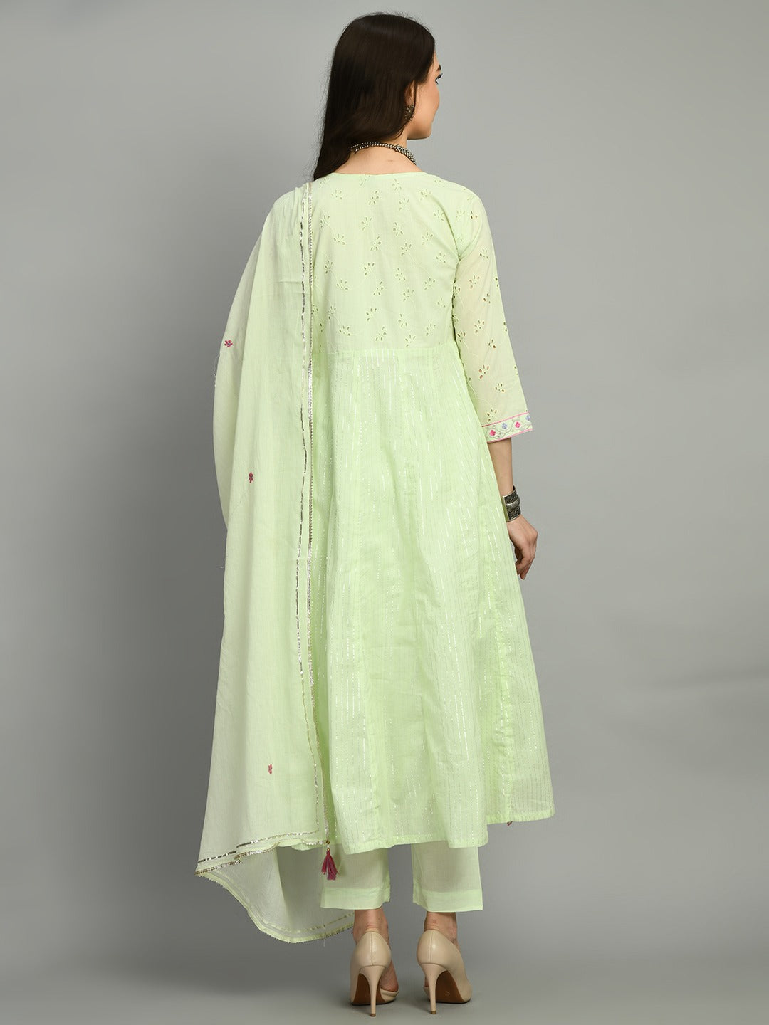 Women chikankari embroidered kurti with pant and dupatta set with gota patti works