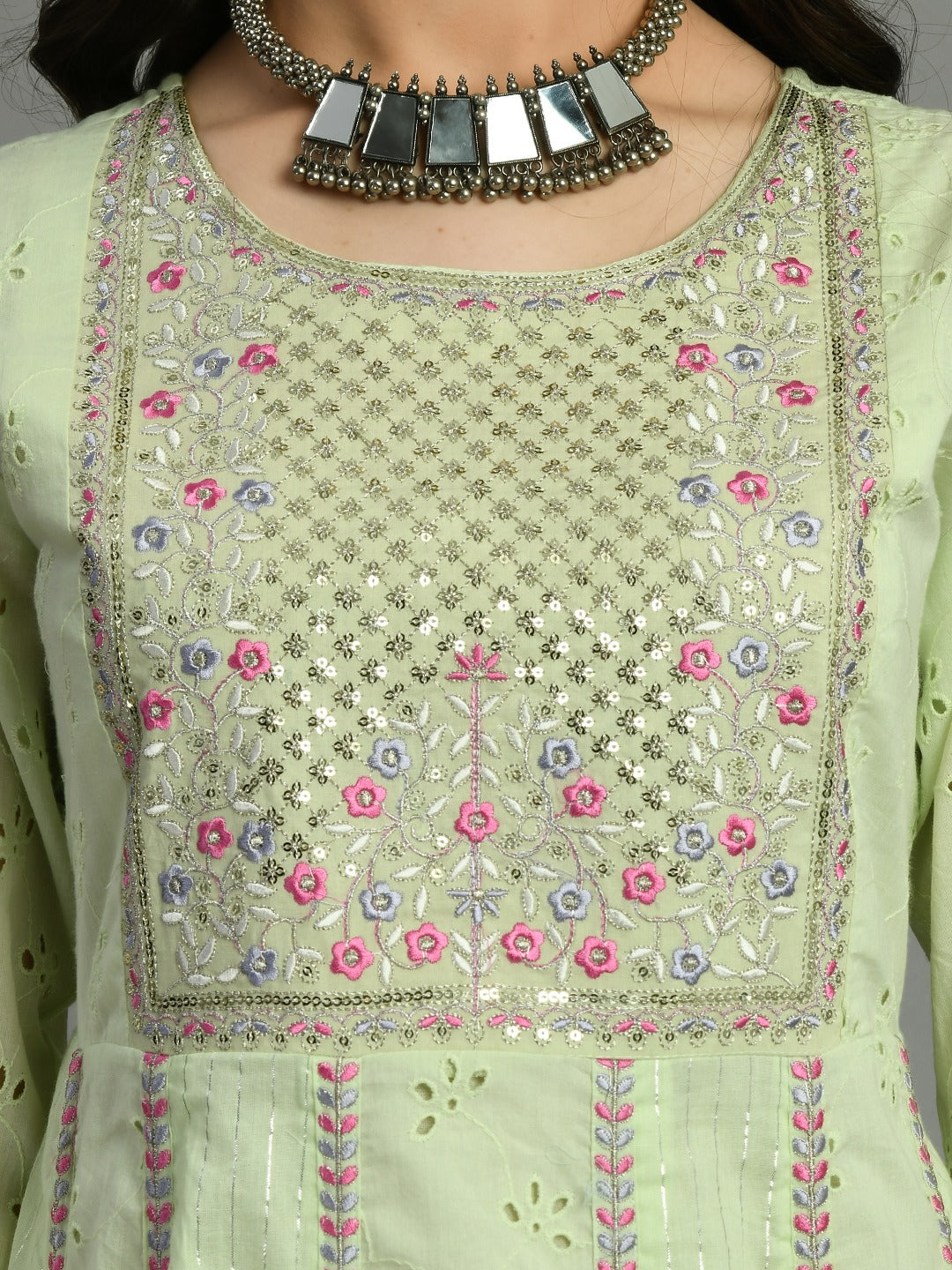 Women chikankari embroidered kurti with pant and dupatta set with gota patti works
