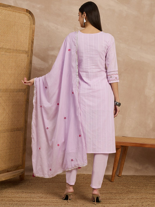 Women Cotton Kurti, straight pant with embroidered dupatta