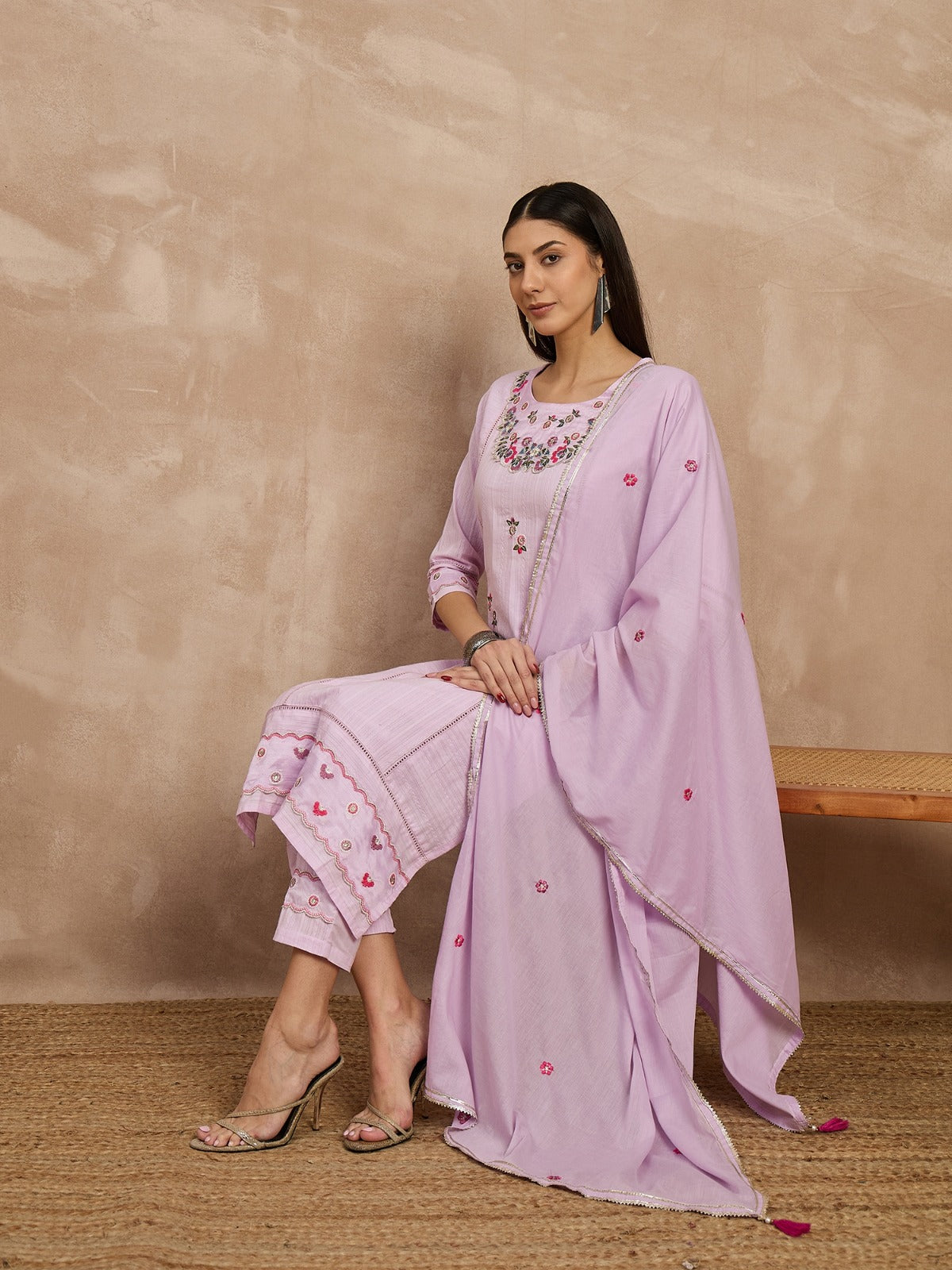 Women Cotton Kurti, straight pant with embroidered dupatta