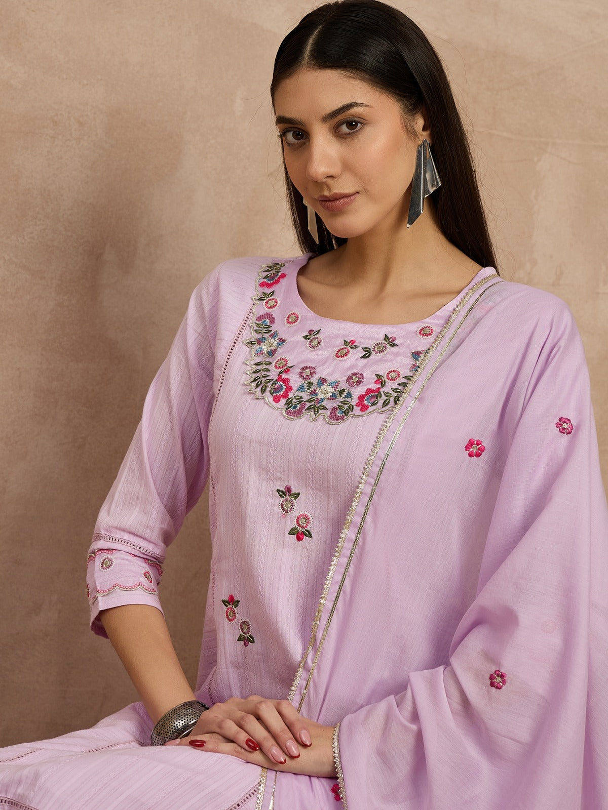 Women Cotton Kurti, straight pant with embroidered dupatta