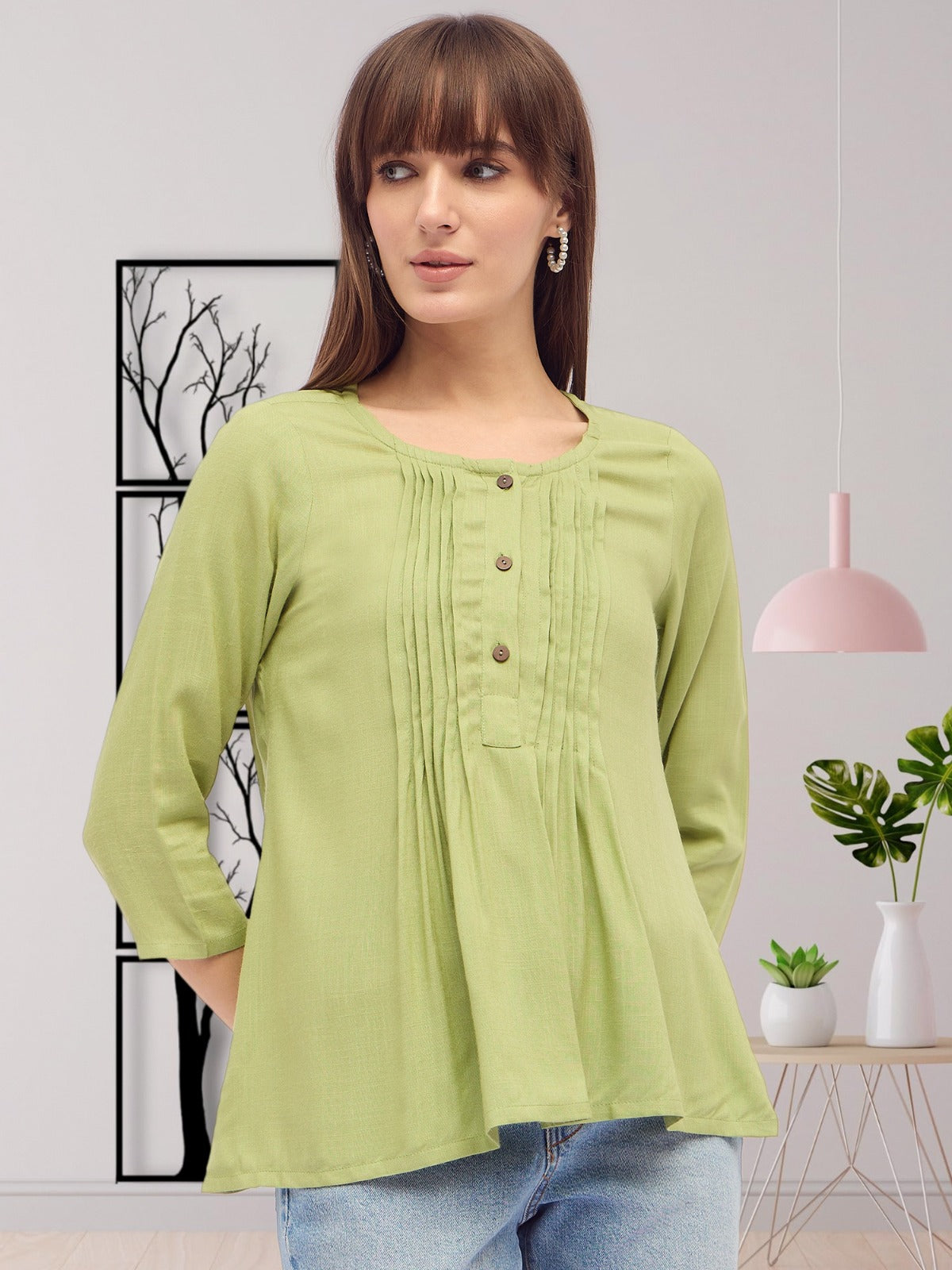 Women green pintuck pleated kurti top