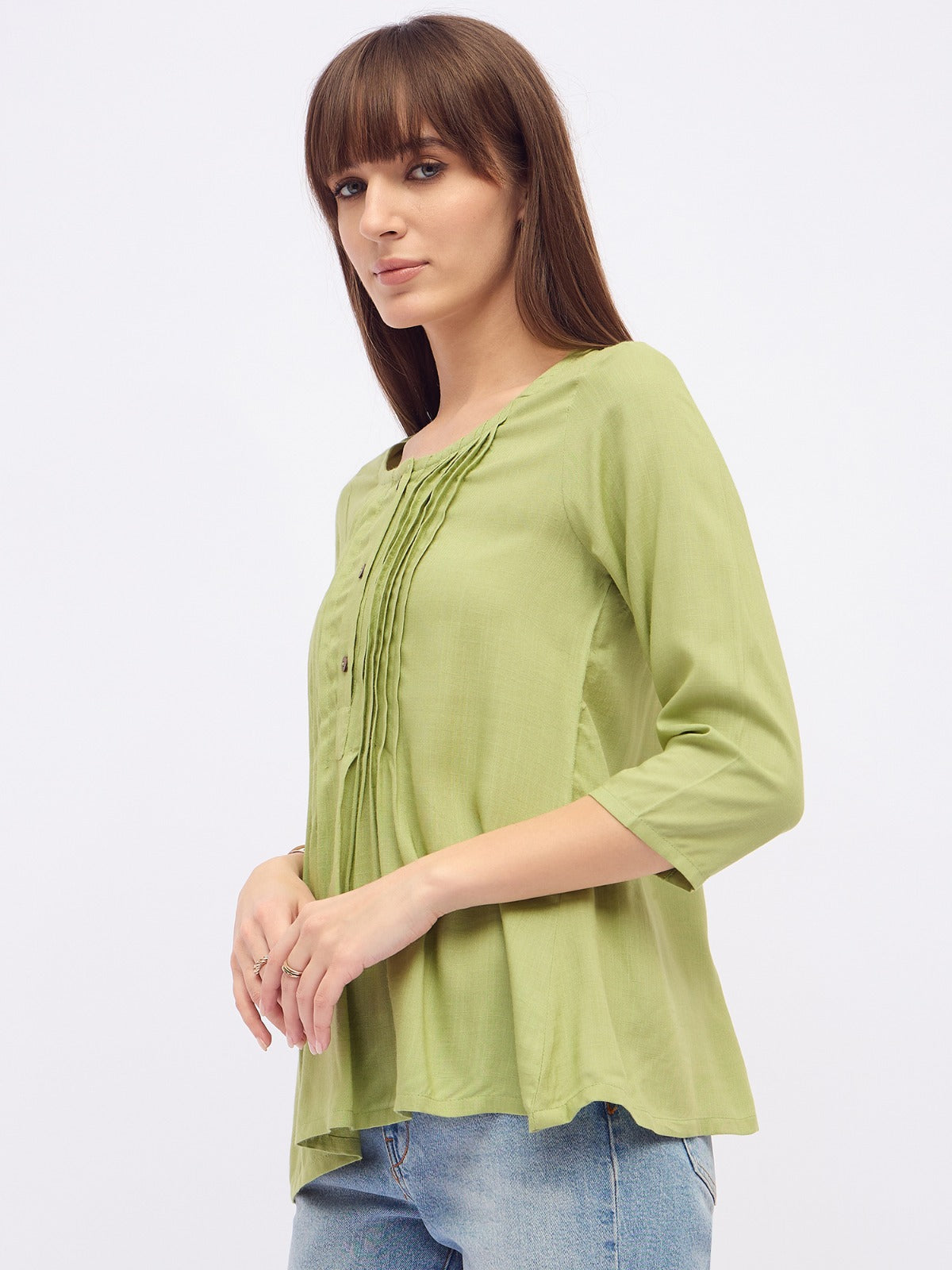 Women green pintuck pleated kurti top