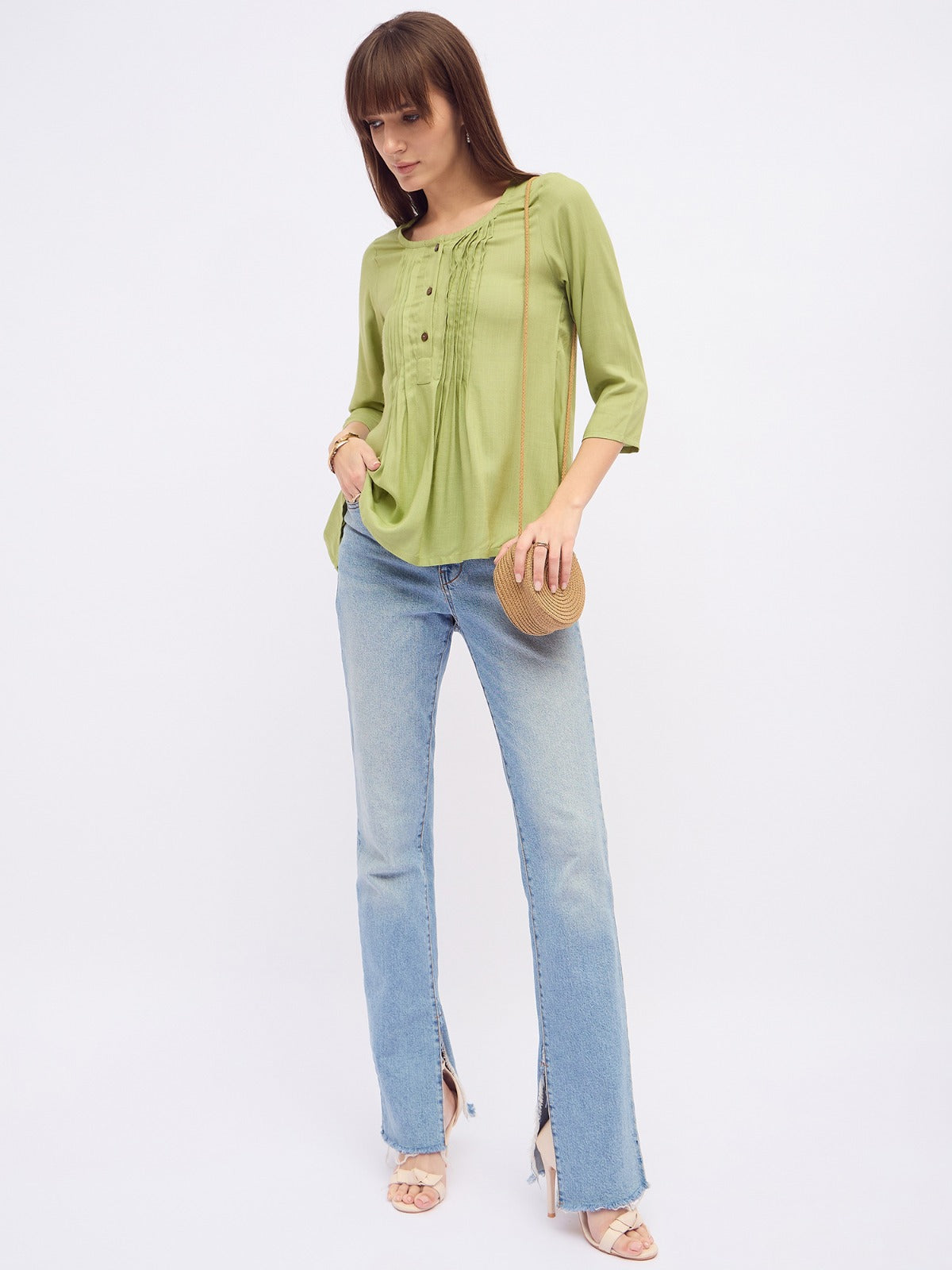 Women green pintuck pleated kurti top