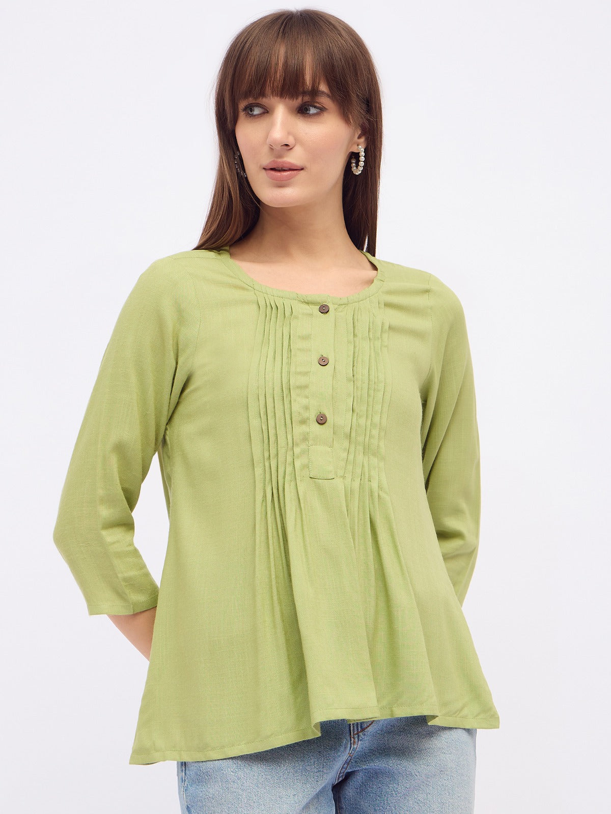 Women green pintuck pleated kurti top
