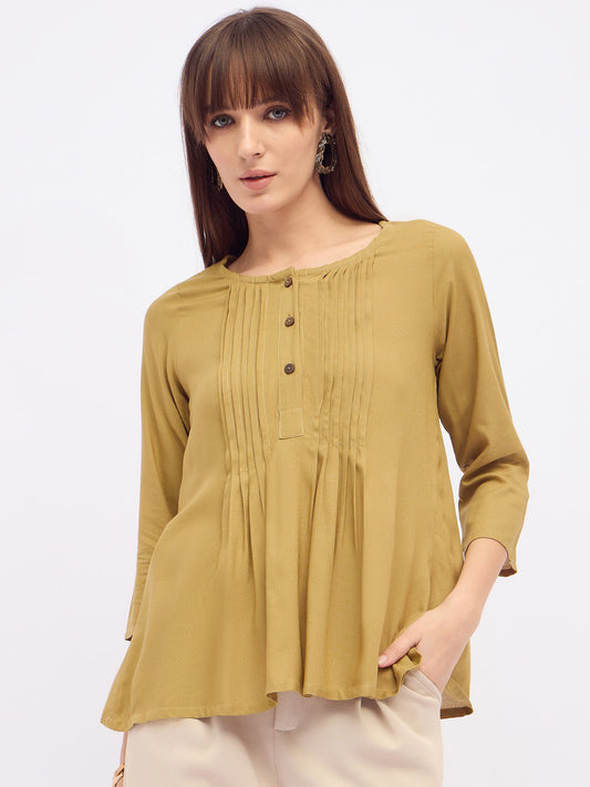 Women Olive green pintuck pleated kurti top