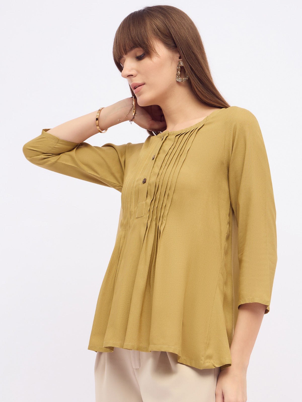 Women Olive green pintuck pleated kurti top