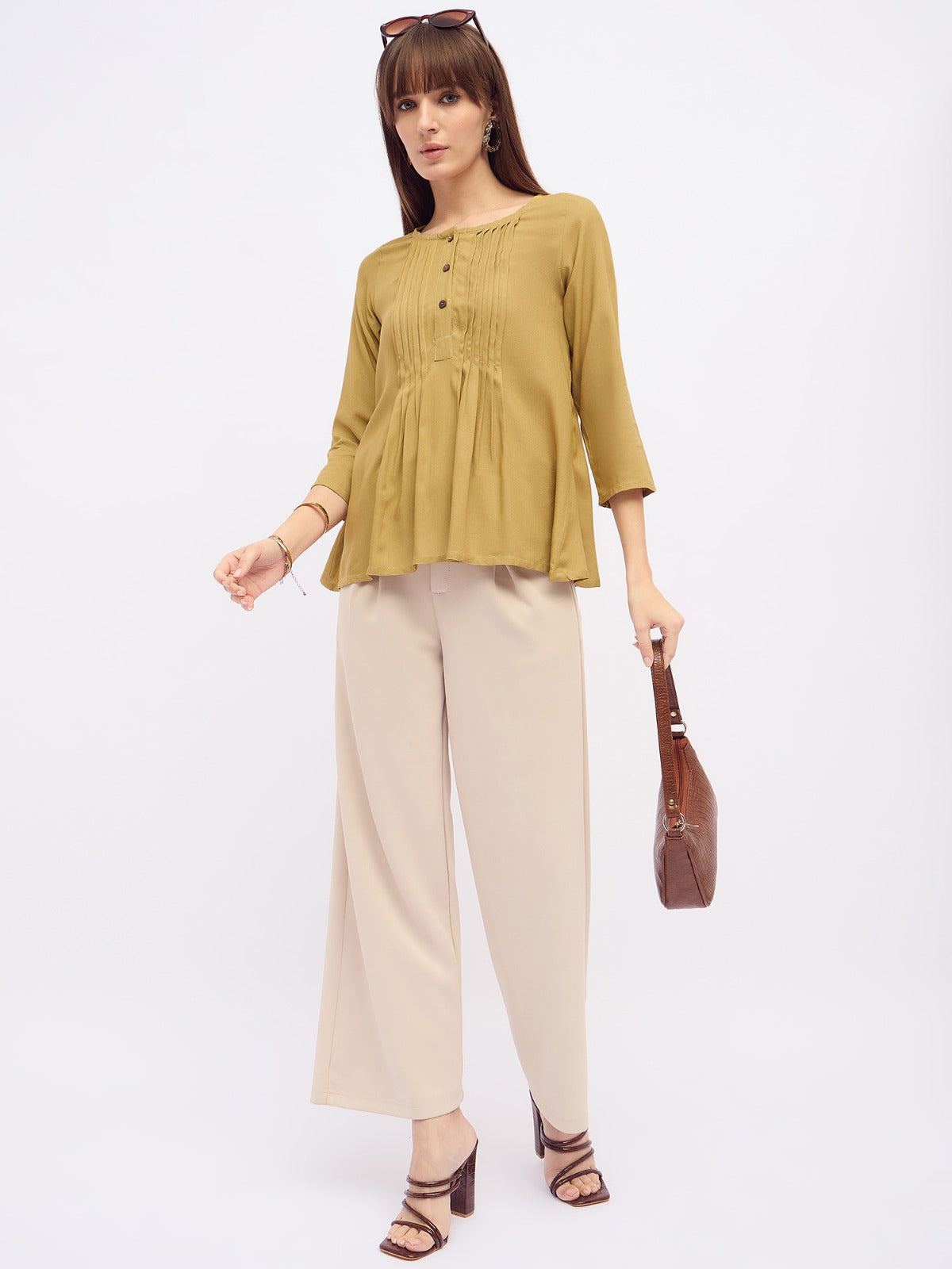 Women Olive green pintuck pleated kurti top