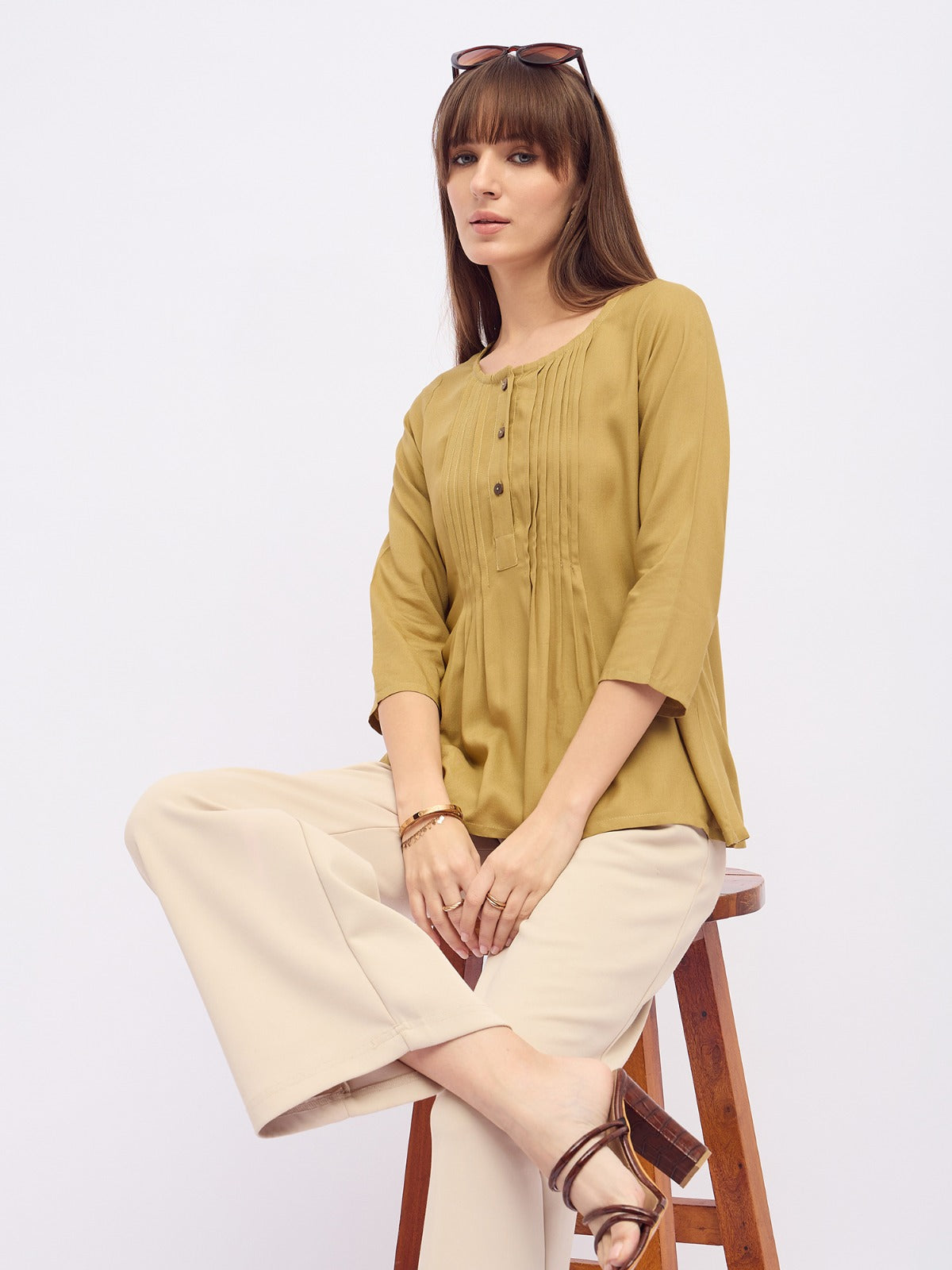 Women Olive green pintuck pleated kurti top