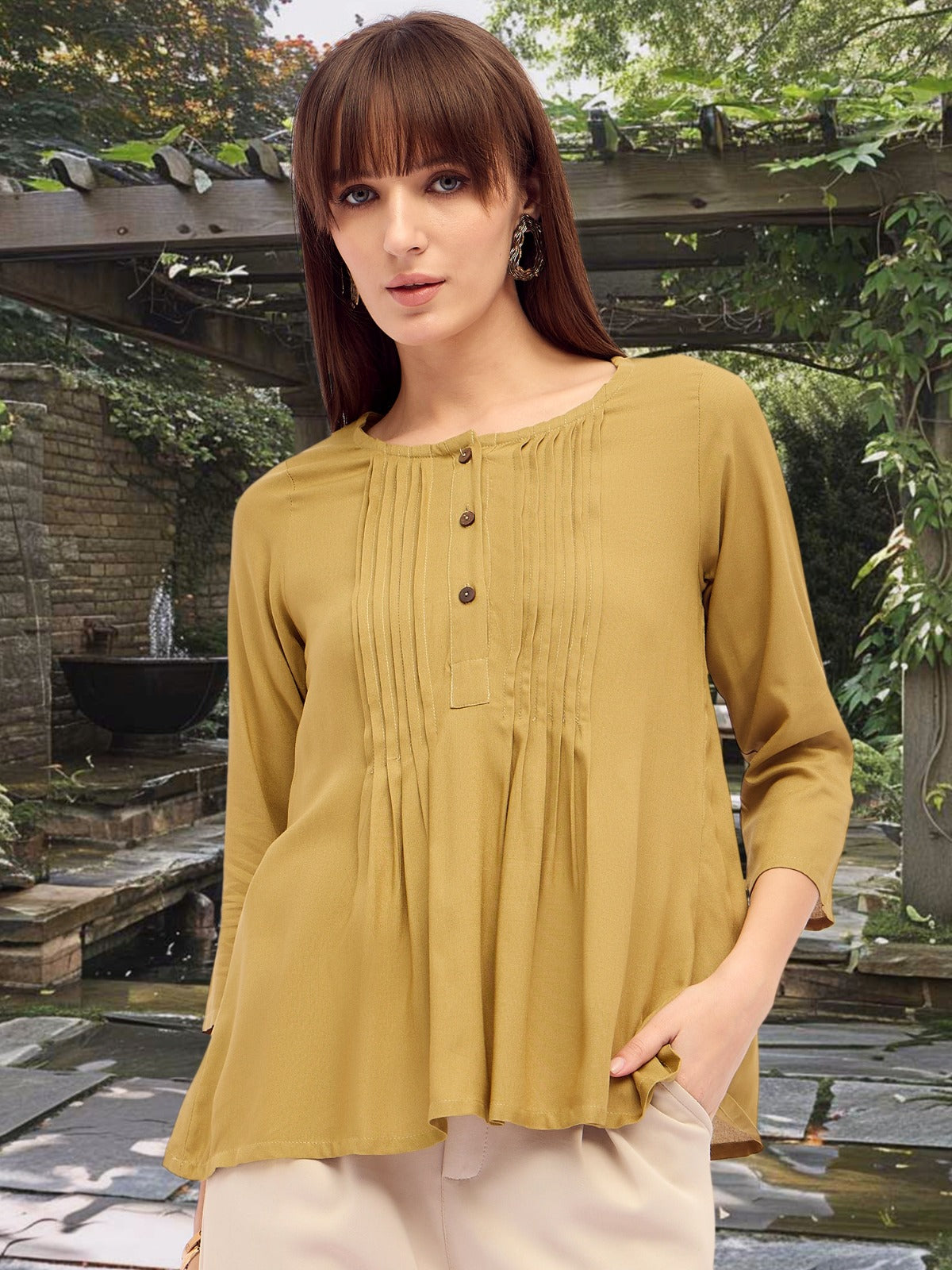 Women Olive green pintuck pleated kurti top