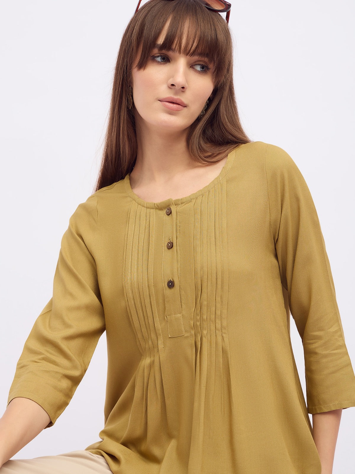 Women Olive green pintuck pleated kurti top