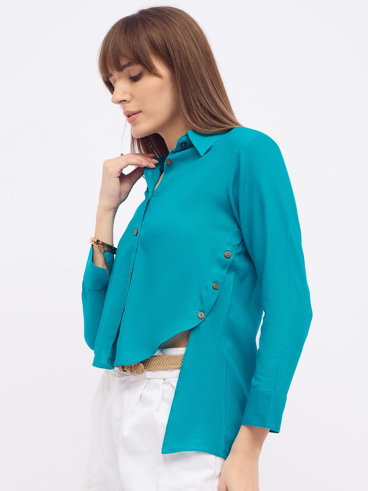 Women Teal Blue Button Down cotton top